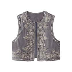 Yassiglia Sommerweste Damen Leichte Damenweste Vintage Kurze Weste Sommer Boho Oberteile Elegante Westen mit Stickerei Ärmellose Sommerjacke für Frauen (Grau, S) von Yassiglia