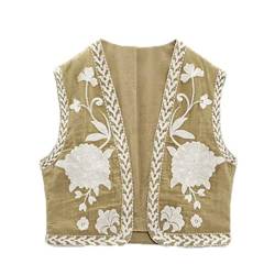 Yassiglia Sommerweste Damen Leichte Damenweste Vintage Kurze Weste Sommer Boho Oberteile Elegante Westen mit Stickerei Ärmellose Sommerjacke für Frauen (Khaki, L) von Yassiglia