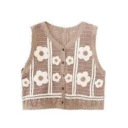 Yassiglia Sommerweste Damen Leichte Damenweste Vintage Kurze Weste Sommer Boho Oberteile Elegante Westen mit Stickerei Ärmellose Sommerjacke für Frauen (Khaki A, M) von Yassiglia