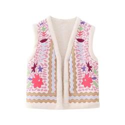 Yassiglia Sommerweste Damen Leichte Damenweste Vintage Kurze Weste Sommer Boho Oberteile Elegante Westen mit Stickerei Ärmellose Sommerjacke für Frauen (Rosa Fleece, L) von Yassiglia