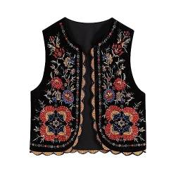 Yassiglia Sommerweste Damen Leichte Damenweste Vintage Kurze Weste Sommer Boho Oberteile Elegante Westen mit Stickerei Ärmellose Sommerjacke für Frauen (Schwarz, M) von Yassiglia