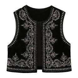 Yassiglia Sommerweste Damen Leichte Damenweste Vintage Kurze Weste Sommer Boho Oberteile Elegante Westen mit Stickerei Ärmellose Sommerjacke für Frauen (Schwarz B, S) von Yassiglia