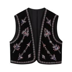 Yassiglia Sommerweste Damen Leichte Damenweste Vintage Kurze Weste Sommer Boho Oberteile Elegante Westen mit Stickerei Ärmellose Sommerjacke für Frauen (Schwarz C, S) von Yassiglia