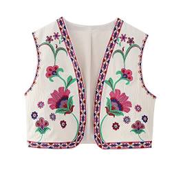 Yassiglia Sommerweste Damen Leichte Damenweste Vintage Kurze Weste Sommer Boho Oberteile Elegante Westen mit Stickerei Ärmellose Sommerjacke für Frauen (Weiß Rosa, L) von Yassiglia