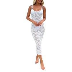 Yassiglia Spitzenkleid Damen Sommer Kleid Mit Schlitz Mesh Maxikleid Bikini Cover Up Strandkleid Sommerkleid Lang, Durchsichtig, Elegant, Sexy, Leicht (Weiß C, S) von Yassiglia