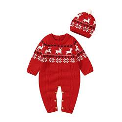 Yassiglia Unisex Baby Weihnachtsoutfit Mädchen Junge Langarm Gestrickte Strampler Overall Winter Baby Weihnachten Schlafanzug Neugeborene Jumpsuit mit Mütze (Rot Hirsch, 6-12 Months) von Yassiglia