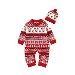 Yassiglia Unisex Baby Weihnachtsoutfit Mädchen Junge Langarm Gestrickte Strampler Overall Winter Baby Weihnachten Schlafanzug Neugeborene Jumpsuit mit Mütze (Rot Streifen, 3-6 Months) von Yassiglia