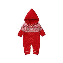 Yassiglia Unisex Baby Weihnachtsoutfit Mädchen Junge Langarm Gestrickte Strampler Overall Winter Baby Weihnachten Schlafanzug Neugeborene Jumpsuit mit Mütze (Rot mit Kapuze, 18-24 Months) von Yassiglia