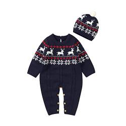 Yassiglia Unisex Baby Weihnachtsoutfit Mädchen Junge Langarm Gestrickte Strampler Overall Winter Baby Weihnachten Schlafanzug Neugeborene Jumpsuit mit Mütze (Royalblau Hirsch, 12-18 Months) von Yassiglia