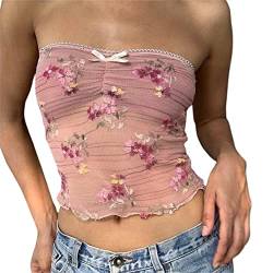 Yassiglia Y2K Bandeau Top Damen Elegant Tube Top Summer Crop Tops Ärmellos Schulterfrei Oberteil Sexy Tank Top Süß Slim Fit Shirt für Teenager Mädchen (Rosa Spitze, M) von Yassiglia