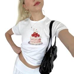 Yassiglia Y2K Crop Top Damen Elegant Grafik Baby Tee Basic Slim Fit Shirt Sommer Kurzarm Oberteil Tops Für Teenager Mädchen (Kuchen-Weiß, S) von Yassiglia