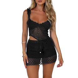 Yassiglia Y2K Zweiteiler Outfit Damen Sommer Sexy Gestrickt Rock Und Oberteil Set Häkelkleid Anzug Strand Cover Up Elegant Crop Top + Mini-Rock Streetwear (Schwarz, XL) von Yassiglia