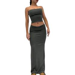 Yassiglia Zweiteiler Damen Sommer Maxirock 2 Teiler Set Y2K Aesthetic Outfit Sexy Party Outfits Causal Kleidung Anzug Elegant Top + Langer Rock Set (Dunkel Grau, S) von Yassiglia