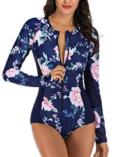 YATEEN Damen UPF 50+ Rash Guard Einteiler Langarm Badeanzug mit Reißverschluss, Marineblau bedruckt, XX-Large von Yateen