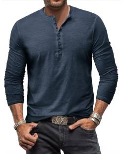 Henley Shirt Herren Langarm Langarmshirt Herren Longsleeve T Shirt Vintage Tshirt Baumwolle Männer Blau 3XL von YawYews