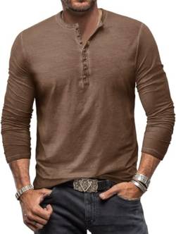 Henley Shirt Herren Langarm Langarmshirt Herren Longsleeve T Shirt Vintage Tshirt Baumwolle Männer Braun L von YawYews