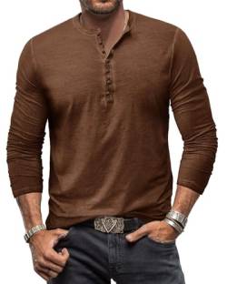 Henley Shirt Herren Langarm Langarmshirt Herren Longsleeve T Shirt Vintage Tshirt Baumwolle Männer Braun M von YawYews