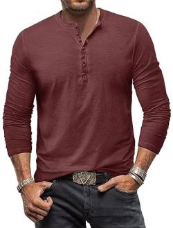 Henley Shirt Herren Langarm Langarmshirt Herren Longsleeve T Shirt Vintage Tshirt Baumwolle Männer Weinrot 3XL von YawYews