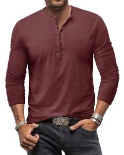 Henley Shirt Herren Langarm Langarmshirt Herren Longsleeve T Shirt Vintage Tshirt Baumwolle Männer Weinrot M von YawYews