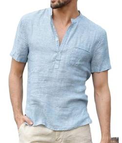 Leinenhemd Herren Hemd Kurzarm Freizeithemden für Herren Hemden Sommerhemd Shirt Henley Leinen Blau 3XL von YawYews