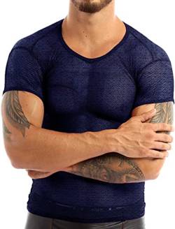 Herren Durchsichtige Hemden für Fischnetz Mesh eng anliegende Kurzarm-T-Shirts für Muskeloberteile Clubwear Color Dunkelblau Size M von Ychnaim