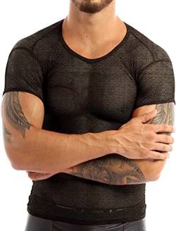 Herren Durchsichtige Hemden für Fischnetz Mesh eng anliegende Kurzarm-T-Shirts für Muskeloberteile Clubwear Color Schwarz Size XL von Ychnaim