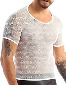Herren Durchsichtige Hemden für Fischnetz Mesh eng anliegende Kurzarm-T-Shirts für Muskeloberteile Clubwear Color Weiß Size M von Ychnaim