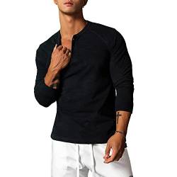 Herren Slub Henley T-Shirts Lässiges Langarmshirt Weicher Komfort Normale Passform Color Schwarz Size XXL von Ychnaim