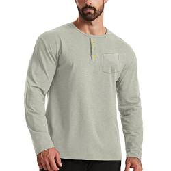 Herrenmode Henley-Hemden Baumwolle Lässiges Langarm-T-Shirt mit Knopf und Tasche Color Hellgrau Size L von Ychnaim