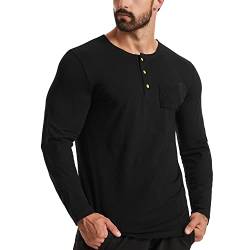 Herrenmode Henley-Hemden Baumwolle Lässiges Langarm-T-Shirt mit Knopf und Tasche Color Schwarz Size S von Ychnaim