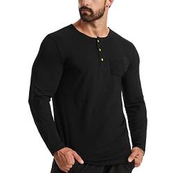 Herrenmode Henley-Hemden Baumwolle Lässiges Langarm-T-Shirt mit Knopf und Tasche Color Schwarz Size XL von Ychnaim