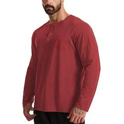 Herrenmode Henley-Hemden Baumwolle Lässiges Langarm-T-Shirt mit Knopf und Tasche Color Weinrot Size S von Ychnaim