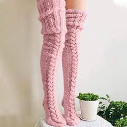 Kabelgestrickte hohe Stiefelsocken, extra lange Winter-Overknee-Strümpfe, kabelgestrickte Oberschenkel-hohe Stiefelsocken, modische Oberschenkel-hohe Socken, extra lange (Rosa) von Yctze