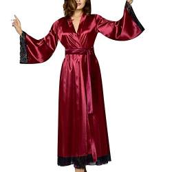 Ydsxlp Bademantel Damen Lang Satin Kimono Morgenmantel Robe Seide Weiche Negligee 3/4 Ärmel Nachtwäsche mit Gürtel G-String V Ausschnitt für Hochzeit und Pajama Party(A Wein,3XL)(A Wein,3XL) von Ydsxlp