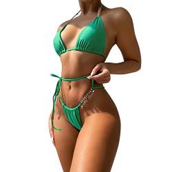 Ydsxlp Bikini Set Damen Zweiteiliger Badeanzug Hängender Diamantschmuck Diamant Lace-up Split Bikini Push up Sexy Badeanzug Bademode (1#Green,S) von Ydsxlp