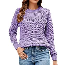 Ydsxlp Grobstrickpullover Damen Lässiges Locker Stricken Pulli Winter Basic Einfarbig Strickpullover Rundhals Langarm Beiläufige Pullover Sweatshirts mit Taschen Oberteile Tops(C Violett,L) von Ydsxlp