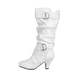 Ydsxlp Langschaftstiefel Damen Winterschuhe Vintage Slip-On Stiefel mit Mittlerer Wade Anti-Rutsch-Lederstiefel Reitstiefel Low Heel Schnürstiefel Leder Optik Booties Mode Lange Schuhe Boots Stiefel von Ydsxlp