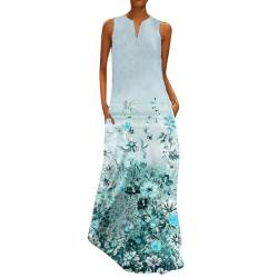 Ydsxlp Maxikleid Damen Große Größen Sommerkleid Sommer Boho Blumen Drucken Strandkleider Partykleid Elegant V-Ausschnitt Ärmelloses Freizeitkleider Sommerlanges Kleid mit Taschen(C Schwarz,XXL) von Ydsxlp