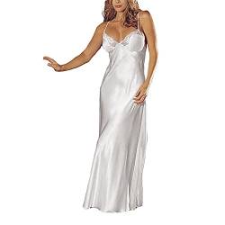 Ydsxlp Nachthemd Damen Satin Negligee Sexy Dessous Spitze Babydoll Unterwäsche Schlafrock V Ausschnitt Satin Spitze Langes Kleid Nachtkleid Spitze Unterkleid (A Weiß,L) von Ydsxlp