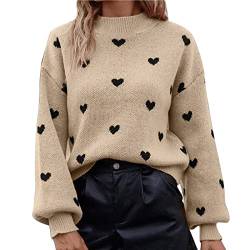 Ydsxlp Pullover Damen Herbst Winter Gestrickte Warme Strickpullover Jumper Valentinstag Herz Drucken Langarm Pullover Sweatshirt Casual Lose Colorblock Sweater Oberteile Tops(AB-Beige,M) von Ydsxlp