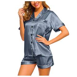 Ydsxlp Pyjama Set Damen Schlafanzug Set Satin Seide Nachthemd Kurze Pyjama Nachtwäsche Zweiteiliger Button Down Set Schlafkleidung Loungewear S-2XL(Ya Marineblau,XL) von Ydsxlp