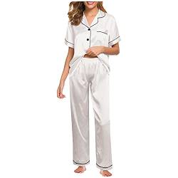 Ydsxlp Schlafanzug Damen Silky Satin Pyjamas Set Zweiteiliger Nachtwäsche Hausanzug Oberteil mit Kerbzahnkragen und Pyjamahose Loungewear Kurzarm und Button Down(A Weiß,5XL) von Ydsxlp