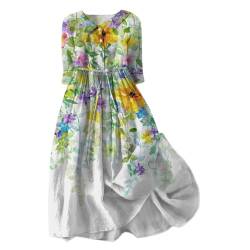 Ydsxlp Sommerkleid Damen Große Größen Leinen Kleider Vintage Blumen Drukcken Strandkleid V-Ausschnitt mit Knopfleiste Kurzarm Shirtkleider Sommer Casual Knielang Freizeitkleid Mdxikleid(D Silber,4XL) von Ydsxlp