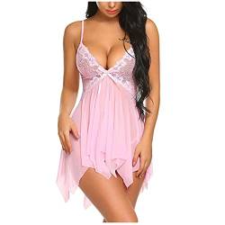 Ydsxlp Spitze Negligee Dessous Damen Sexy V-Ausschnitt Babydoll Set Unterwäsche Reizwäsche Negligee Nachthemd Nachtwäsche Sleepwear Kleid mit String(D Rosa,L) von Ydsxlp