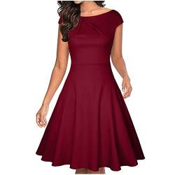 Ydsxlp Swing Kleid Damen Vintage Partykleid Rundhalsausschnitt 3/4 Ärmel/Kurzarm Blumen Bestickt knielangen Cocktailkleid (E Wine, XXL) von Ydsxlp