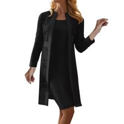 Ydsxlp Zweiteiliges Set Kleider Damen Einfarbige Partykleid + Langarm Spitze Cardigan Jacke Ärmellose Ballkleid mit Rundhals Abendkleid Cocktailkleid Abiballkleid Brautjungfern Kleid(A Schwarz,3XL) von Ydsxlp