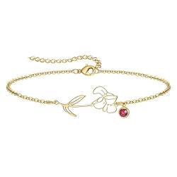 YeGieonr Armband Damen Gold, 18K Vergoldetes Edelstahl Geburtsstein Blumenarmband, Personalisiert Geburtstagsgeschenk für Frauen und Mädchen von YeGieonr