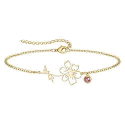 YeGieonr Armband Damen Gold, 18K Vergoldetes Edelstahl Geburtsstein Blumenarmband, Personalisiert Geburtstagsgeschenk für Frauen und Mädchen von YeGieonr