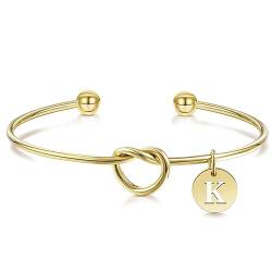 YeGieonr Armband Damen Gold, Edelstahl Liebesknoten Initialen Charm Manschettenarmreif, 18K Vergoldetes A-Z Buchstaben Armbänder, Hochzeit Geschenke für Brautjungfern von YeGieonr