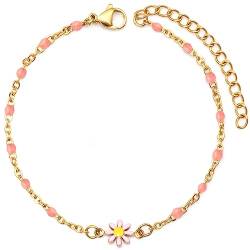 YeGieonr Gänseblümchen Blumenperlen Armband für Damen, Edelstahl Bunt Emaille Y2K Verstellbares Gold Armband Fußkettchen für Mädchen Sommer Accessoires von YeGieonr